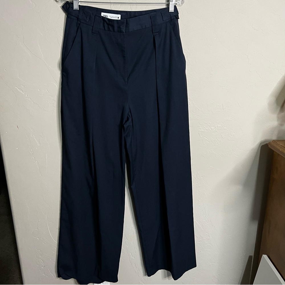 Zara Navy Blue Darted Pleated High Rise Wide-Leg Pants - Picture 3 of 10